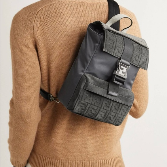 Fendi - Mini Leather-Trimmed Logo-Embossed Suede and Shell Sling Backpack - Picture 5 of 5